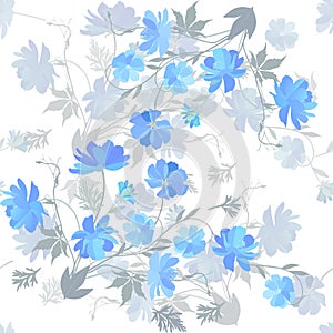 Intricate seamless floral ornament with sprigs of blooming cosmos flowers with blue petals and gray leaves on a white background.