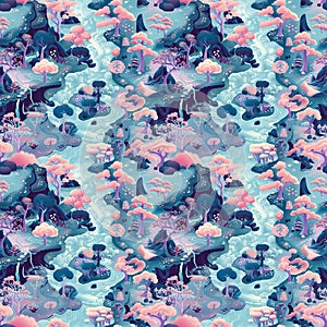 Intricate Seamless Pattern of Surreal Floating Islands and Fantasy Creatures in Dreamy Colors for Large Area Design photo