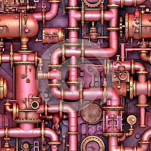 Intricate seamless pattern with copper pipes and valves. Repetitive industrial background. Generative AI
