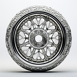 Intricate Silver Wheel On White Surface: Detailed Realism In Rubber