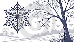 Intricate Snowflake and Bare Tree, Winter Landscape Vector Illustration, vector design Generative AI