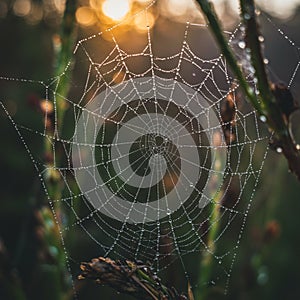 An intricate spider web adorned with dewdrops catches the morning light, creating a