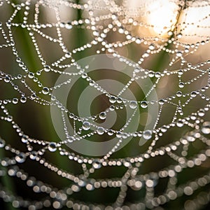 Intricate spider web adorned with dewdrops creating a delicate lattice pattern