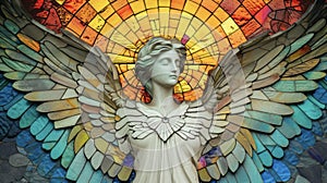 An intricate stainedgl depiction of a guardian angel with rainbow feathers representing the belief in guardian angels in