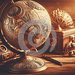 Intricate steampunk globe with gears and patterns