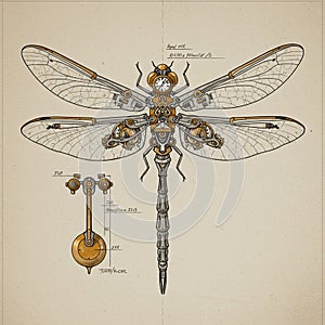 Intricate steampunk-style illustration of a mechanical dragonfly. Features detailed
