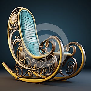 Intricate Steampunk Style Rocking Chair With Gold And Blue Finish