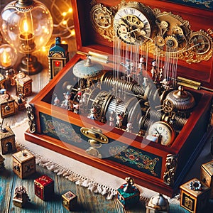 An intricate steampunk-themed music box filled with gears, figures, and whimsical elements