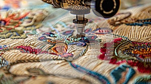 The intricate stitching of embroidery is highlighted in a closeup representing how decorative art form has evolved from photo
