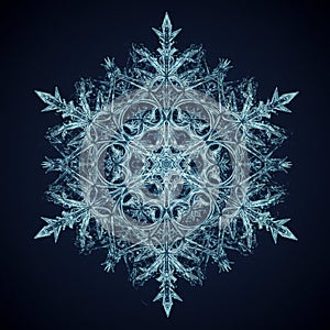 Intricate, symmetrical fractal pattern resembling a snowflake. Features sharp, ice-like