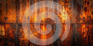 Intricate textured rusty metal panel background with rivets. Generative AI