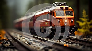 Intricate Tilt-shift Photography Of An Orange Train On Tracks