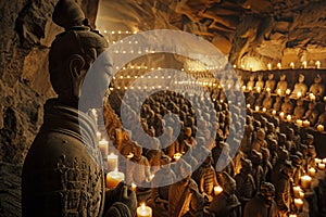 Intricate tomb interior, Terracotta Army with ancient weaponry, candlelit, close perspective, reverent silence photo
