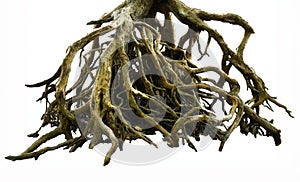 Intricate tree roots isolated on white.