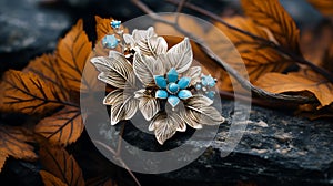 Intricate Turquoise Brooch On Autumn Leaves: High Quality Photography