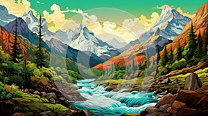An intricate vector artwork of the scenic French Pyrenees