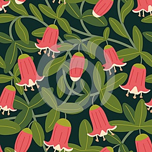 Intricate vector floral seamless pattern. Pink bell flowers, leaves and floral vines on dark background. Pretty