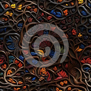 Intricate vine tree with colorful stems and woodcarvings (tiled) photo