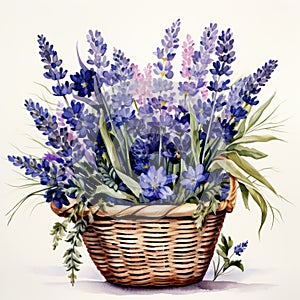 Intricate Watercolor Lavender Bouquet In Basket With Fantasy Elements