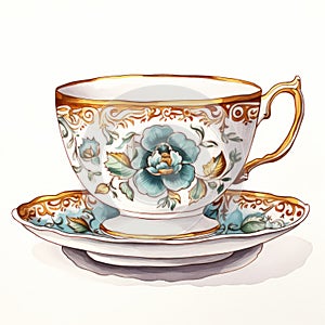 Intricate Watercolor Painting Of Retro Tea Cup In Outsider Art Style