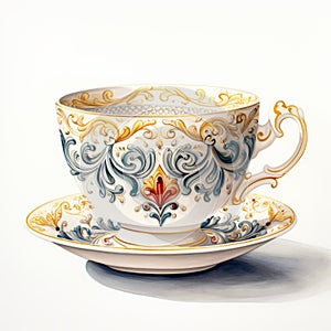 Intricate Watercolor Painting Of Retro Tea Cup In Outsider Art Style