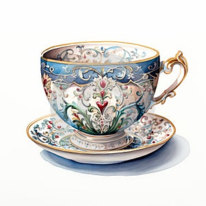 Intricate Watercolor Painting Of Retro Tea Cup In Outsider Art Style