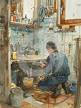 An intricate watercolor scene of a technician fixing a leakage under a sink