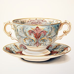 Intricate Watercolor Tea Cup: Baroque Realism In Revived Historic Art photo