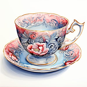 Intricate Watercolor Tea Cup Illustration With Baroque Realism Style