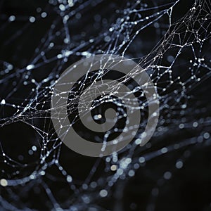 Intricate web of illuminated threads creating an abstract network on a dark background