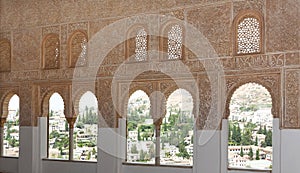 Intricate window detail inside the Alhambra palace