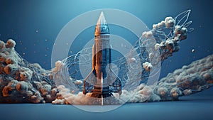 The intricate wireframe of a rocket is transformed into a mesmerizing 3D illusion against a bright blue background.