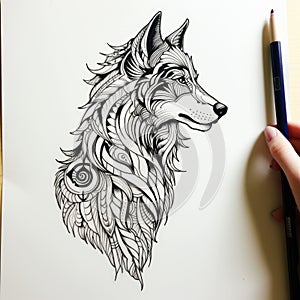 Intricate Wolf Head Sketch: Detailed Multilayered Design With Dappled Patterns