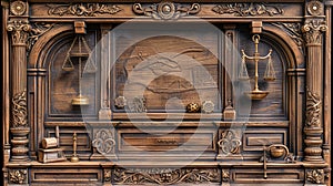 Ornate Wooden Frame Border Background with Judge Concept Elements Including Scales and Gavel photo