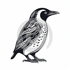 Intricate Wooden Penguin Design: Exotic Birds Inspired Pointillist Illustration