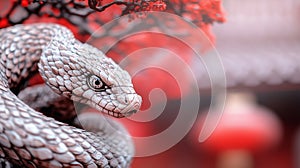 Intricate Wooden Snake Sculpture Against Vibrant Red Background photo
