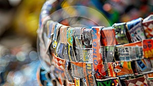 An intricate woven basket made from strips of plastic bottle labels showcasing the creativity and resourcefulness in photo