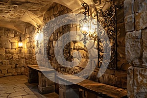 intricate wrought iron wall sconces lighting up a stonewalled meeting room