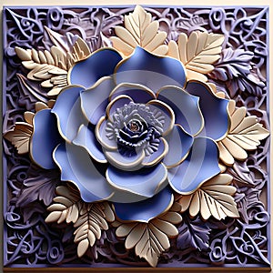 Intricately carved blue wood sculpture with flowers and gold leaves