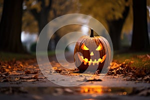 Intricately carved Halloween pumpkins illuminated by flickering candles in the street. AI Generated