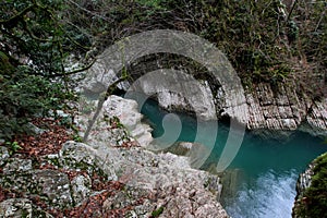 Intricately carved karst banks of the Khosta river.