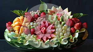 An intricately carved watermelon filled with a mix of tropical fruits creating a beautiful centerpiece for a party