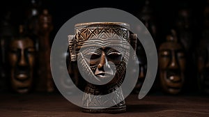 Intricately Carved Wooden Tribal Pottery With Human Face