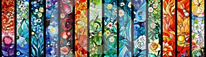 Intricately crafted stained glass window panels adorn an expansive canvas