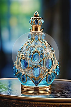 Intricately Decorated Bluish Perfume Bottle with Gold Accents for Luxury Fragrance Display