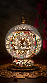 Intricately decorated lamp bearing Eid Mubarak wishes, festive vibes