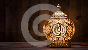 Intricately decorated lamp bearing Eid Mubarak wishes, festive vibes