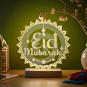 Intricately decorated lamp bearing Eid Mubarak wishes, festive vibes