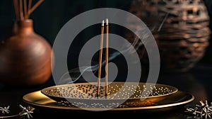An intricately designed brass incense holder with a mix of traditional and modern elements perfect for displaying and