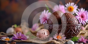 Intricately designed chocolate eggs rest in a dark basket, surrounded by pink blossoms and a speckled egg on burlap